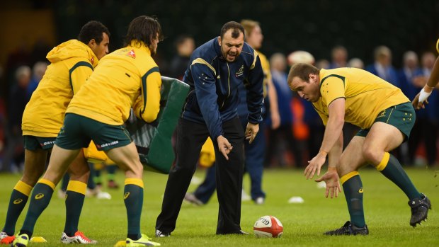 Field study: Cheika working with the Wallabies before an international match against Wales at Cardiff's Millennium Stadium last year.