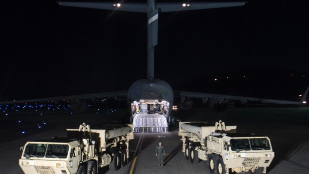 Trucks carrying parts of the American THAAD defence system arrive at Osan air base in Pyeongtaek, South Korea, last month.