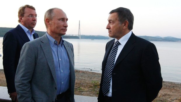 Aras Agalarov, right, with Russian President Vladimir Putin and Kremlin chief manager Vladimir Kozhin in Vladivostok in 2012.