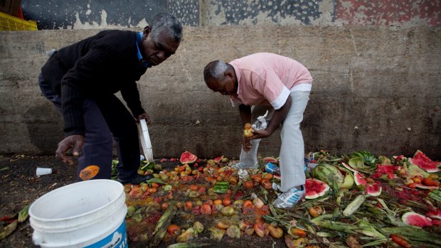 Pedro Hernandez, left, and his friend Luis Daza pick up tomatoes from the trash area of the Coche public market in Caracas last month, where once middle class Venezuelans made desperate by the country's economic collapse have taken to sifting through the trash to resell or feed themselves on discarded fruit and vegetables. 