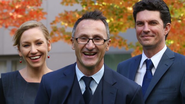Greens leader Senator Richard Di Natale (centre) has lost his co-deputies Larissa Waters and Scott Ludlam following a citizenship fiasco.