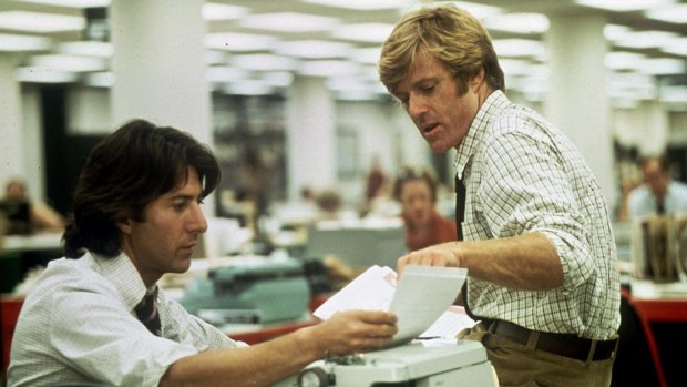 A high point in investigative journalism: Robert Redford, right, and Dustin Hoffman portray <i>Washington Post</i> reporters Bob Woodward and Carl Bernstein in the 1976 movie, <i>All the President's Men</i>, about the 1972 Watergate scandal.