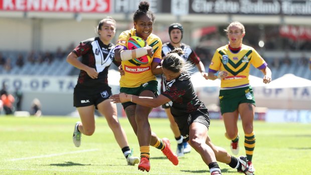 Bursting through: Amelia Kuk, (pictured playing Nines), will debut in the 13-a-side game against her native Papua New Guinea.
