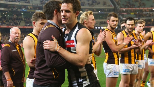 Luke Ball, seen here after his final game in 2014, is one former player who seems certain to face on-air or on-screen dilemmas, which will mean being forced to choose one employer over the other.
