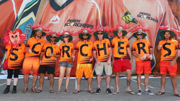 Scorchers fans show their support during the Big Bash League match between Perth Scorchers and Adelaide Strikers at the WACA on December 21, 2015.