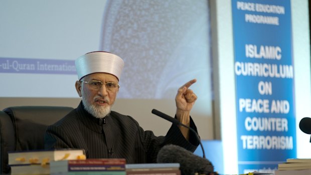 Pakistan cleric Shaykh-ul-islam Dr Muhammad Tahir-ul-Qadri, the founder of  the Minhaj-ul-Quran International organisation, delivers his keynote speech.