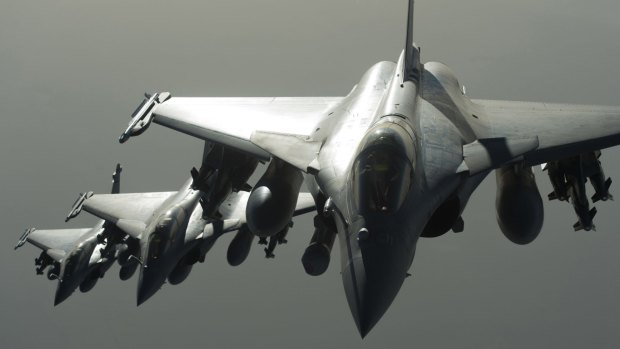 French army Rafale fighter jets fly towards Syria as part of France's Operation Chammal launched in September 2015 in support of the US-led coalition against Islamic State group. 