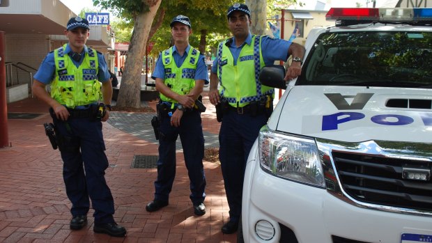 Constables Dave Drummond and James Capewell with Senior Constable Raj Sood patrol the Armadale CBD. 