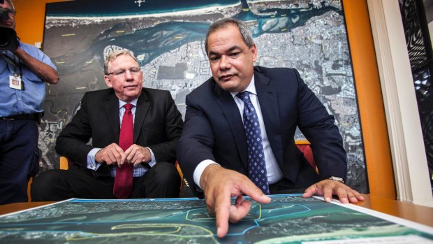 Deputy Premier Jeff Seeney and Gold Coast Mayor Tom Tate discuss the Broadwater Marine Project in late 2012.