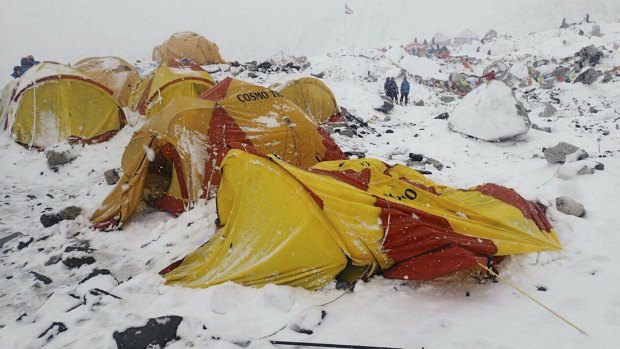 The scene after an avalanche triggered by a massive earthquake swept across Everest Base Camp, Nepal on Saturday.