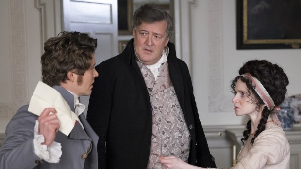 Xavier Samuel at left with Stephen Fry and Jenn Murray in Love & Friendship. 