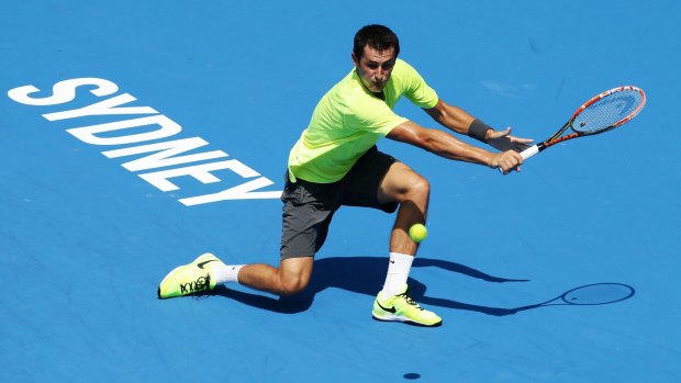 Harbour City: Bernard Tomic plays a backhand shot during his march to the Sydney International final at Sydney Olympic Park Tennis Centre last January.