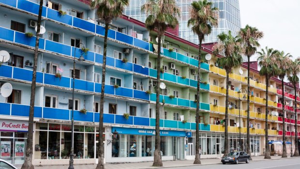 Colourful old apartments on the main street to Batumi Pier. 