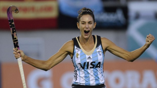 Goal: Argentina's Luciana Aymar celebrates scoring during the Champions Trophy hockey final win over Australia.