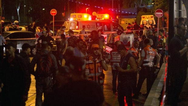Ambulances are seen at the scene of a shooting attack in Tel Aviv, Israel, on Wednesday.