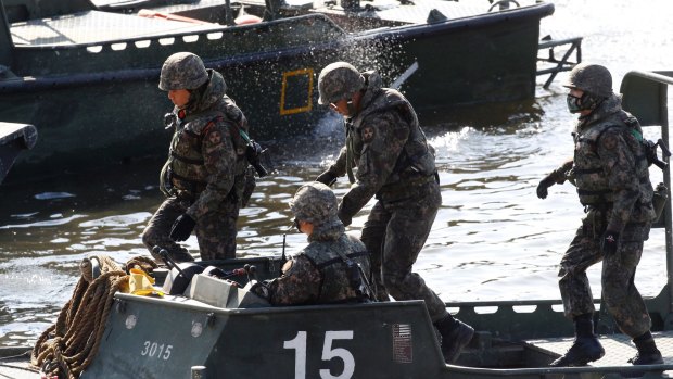 South Korean soldiers conduct a river crossing operation on the Hantan river in Yeoncheon, near the border with North Korea last week.