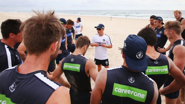Trimming the fat: Carlton head coach Brendon Bolton (centre) has implemented higher fitness standards ahead of this season.