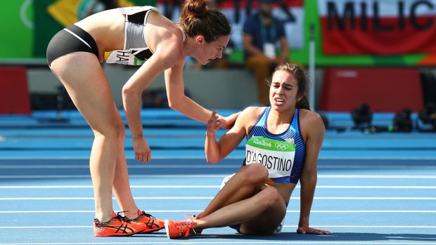 True sportsmanship: Nikki Hamblin, left, checks on American runner Abbey D'Agostino.