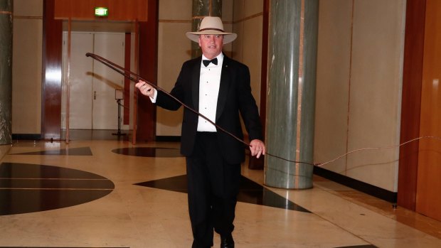 Deputy Prime Minister Barnaby Joyce cracks the whip as he arrives for the Midwinter Ball at Parliament House on Wednesday night.