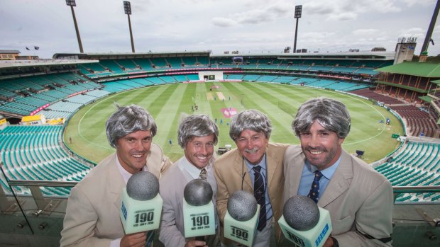 Beige boys: Cricket supporters and fans of Richie Benaud called The Richies (from left) Michael Hennessy, Steve Blacker, Dudley Crothers and Trent Jones at the Sydney Cricket Ground. Photo: Fiona Morris