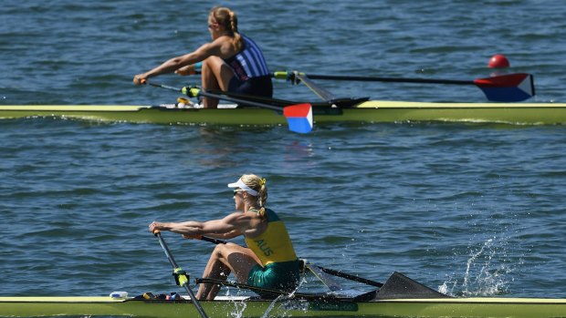 Kimberley Brennan of Australia competes in the Women's Single Sculls final.