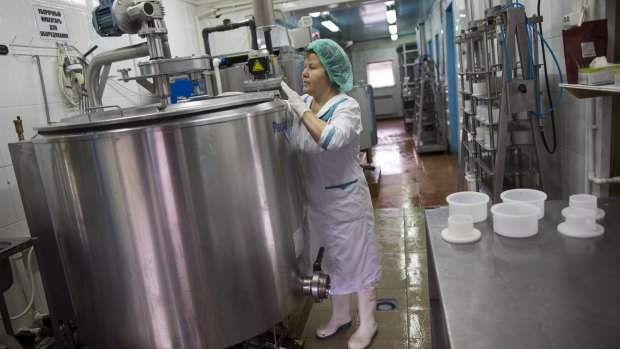A specialist controls the process of cheese making at John Kopiski's farm in Krutovo village, east of Moscow. Russia has marked the one-year anniversary of its ban on Western agricultural products with an order to destroy contraband food.