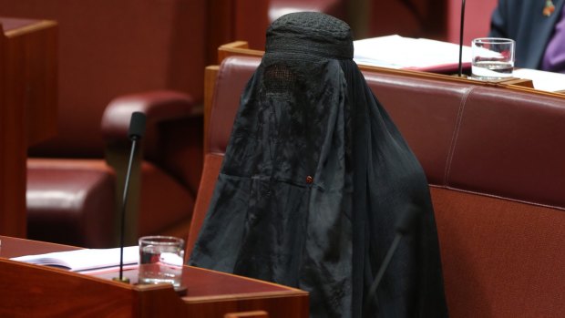 Senator Pauline Hanson wears a burqa in Parliament House.