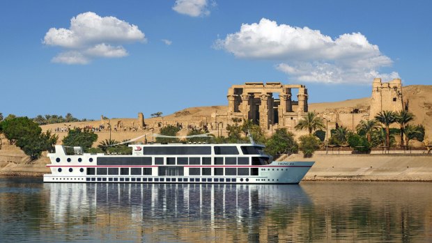 Viking Ra sailing on the Nile River A rendering of the Viking Ra on the Nile River near the Temple of Sobek and Haroeris in Kom Ombo, Egypt. 