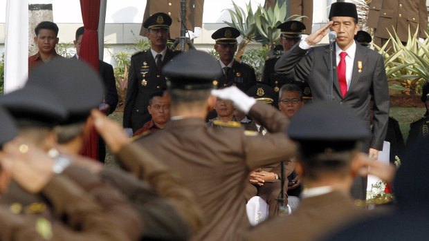 Indonesian President Joko Widodo salutes during an event marking the anniversary of his country's Attorney General's office in Jakarta last week.