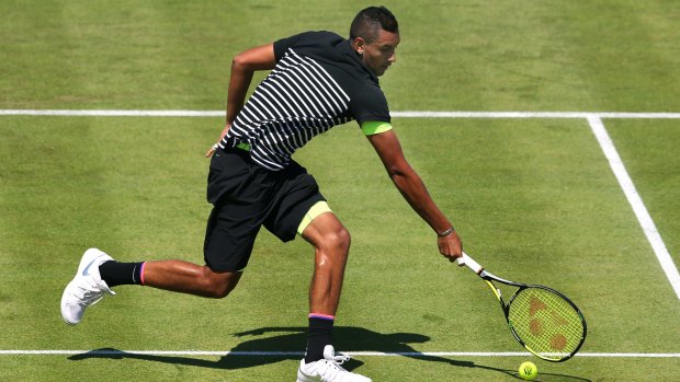 Nick Kyrgios in action during his first round loss at Queens Club.