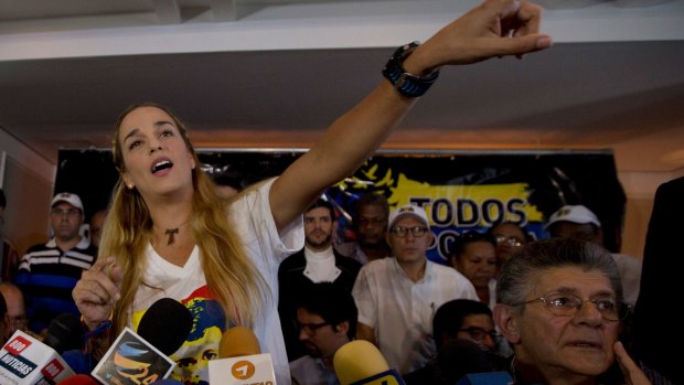 Lilian Tintori, wife of jailed opposition leader Leopoldo Lopez, who was on stage with Luis Manoel Diaz when he was shot and killed last week. 