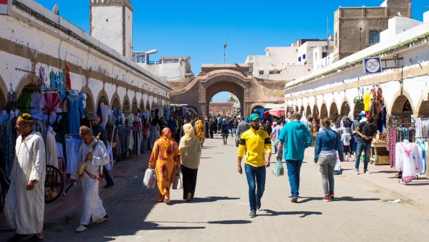 Main shopping street (traditional souk) of Essaouira. The Medina of Essaouira is a UNESCO World Heritage listed city, late 18th-century fortified town. 