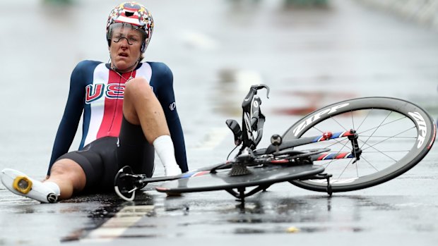 Exhausted: Kristin Armstrong after winning the Women's Individual Time Trial.