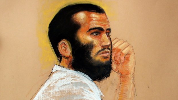 Artist's sketch of Omar Khadr at the US military war crimes commission in Guantanamo Bay in 2010.