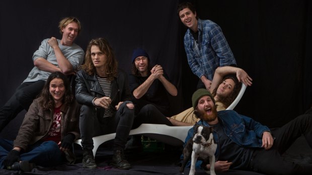  King Gizzard & the Lizard Wizard Band. From left, Ambrose Kenny-Smith (red T-shirt), Cook Craig (grey top), Stu Mackenzie, Eric Moore, Joey Walker (top, check shirt), Lucas Skinner (green beanie) and Michael Cavanagh.