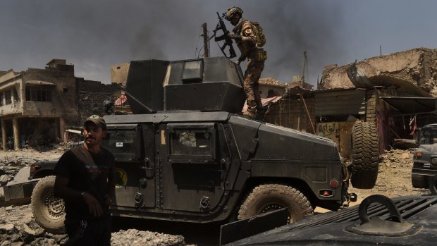 Iraqi special forces soldiers  in West Mosul on July 1.