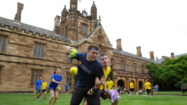 Students from the Quidditch Society at the University of Sydney. 