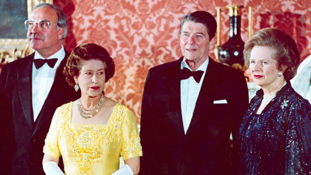 Then West German Chancellor Helmut Kohl, Queen Elizabeth II, then US President Ronald Reagan and Britain's Prime Minister Margaret Thatcher at Buckingham Palace in 1984.