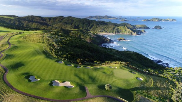 Aerial view of the golf course at The Lodge at Kauri Cliffs.	