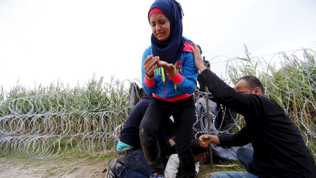 A Syrian girl holds her hand after it was caught on razor wire along the Hungarian-Serbian border on Wednesday.