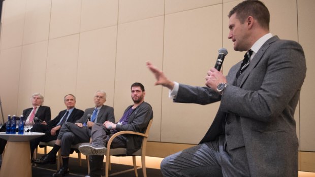 Discussion panellists Peter Brimelow, Jared Taylor, Kevin MacDonald, "Millenial Woes" and Richard Spencer field questions at an "alt-right" conference hosted by the National Policy Institute think tank in Washington, DC on November 18.