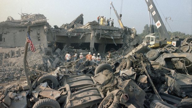 The aftermath of the bombing of the US Marines barracks in Beirut, Lebanon, in 1983.