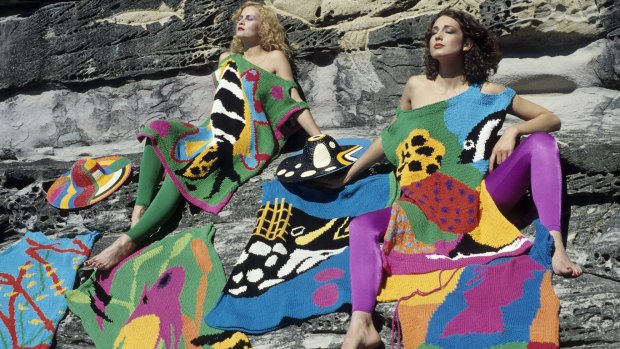 Models wearing Flamingo Park knits including Big Fish dress and hat 1979. 