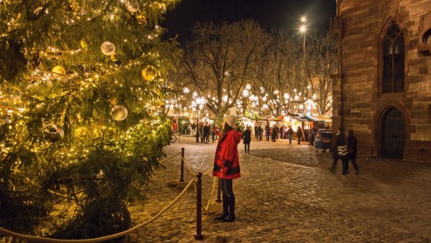 Christmas tree designed by Johann Wanner in the Muensterplatz in Basel.