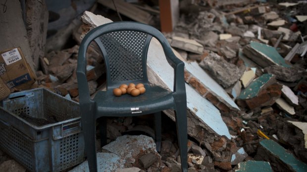Eggs sit on a chair one week after Ecuador's earthquake.