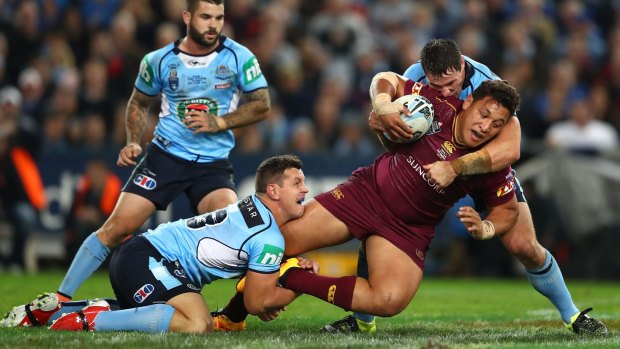 Queensland's Josh Papalii is tackled during Game 1 of the  2016 State of Origin series.