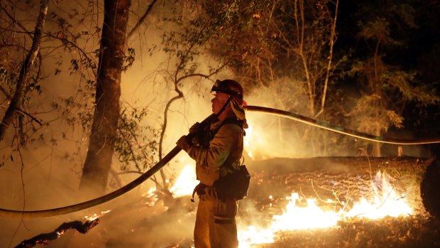 A firefighter holds a water hose while fighting a wildfire on Saturday.