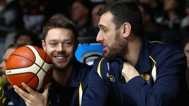 Matthew Dellavedova and Andrew Bogut of the Boomers chat on the bench during the match against the Pac-12 College All-Stars at Hisense Arena on July 12.