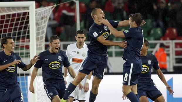 You beauty: Auckland City players celebrate John Irving's  goal against ES Setif during the Club World Cup clash Rabat, Morocco.