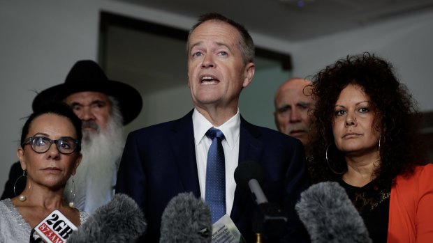 Bill Shorten at a press conference today with Indigenous Labor MPs Linda Burney, Pat Dodson and Malarndirri McCarthy. Warren Snowdon is also present.
